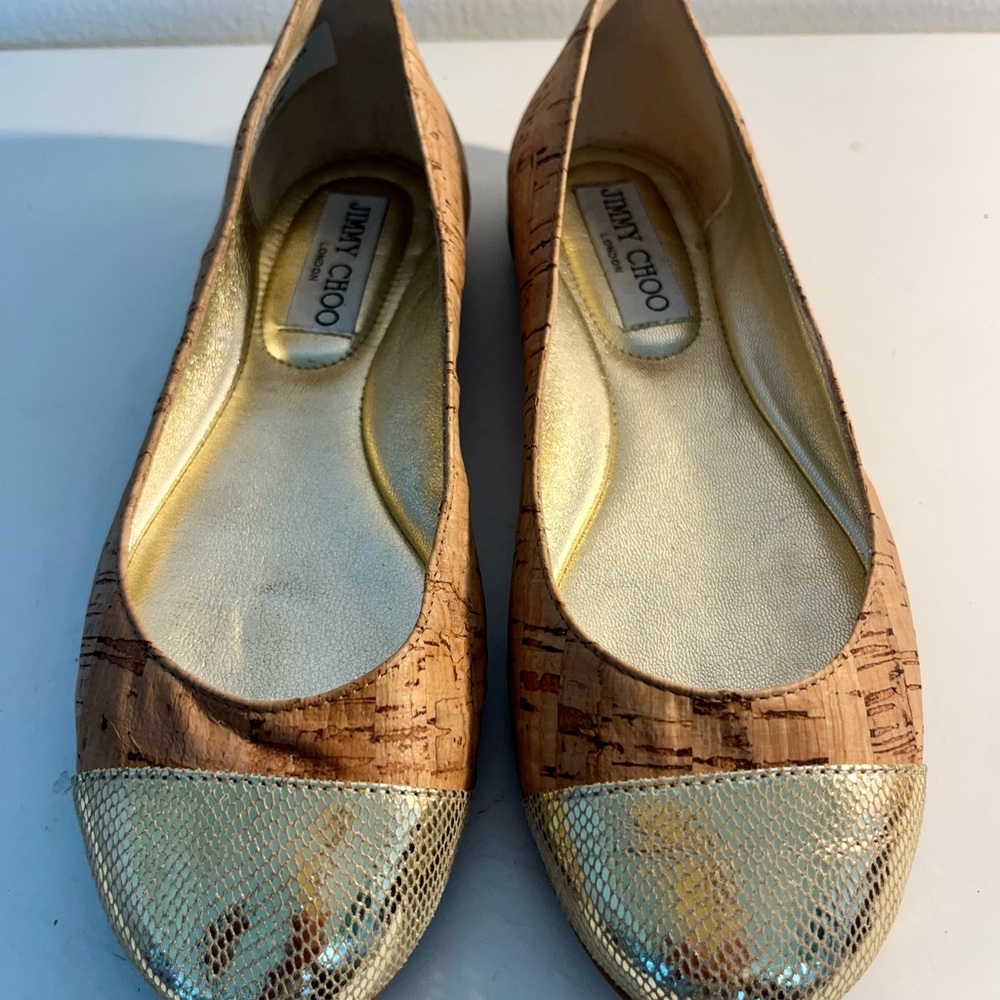 Jimmy Choo Sz 34 Whirl Gold and Tan Ballet Flats